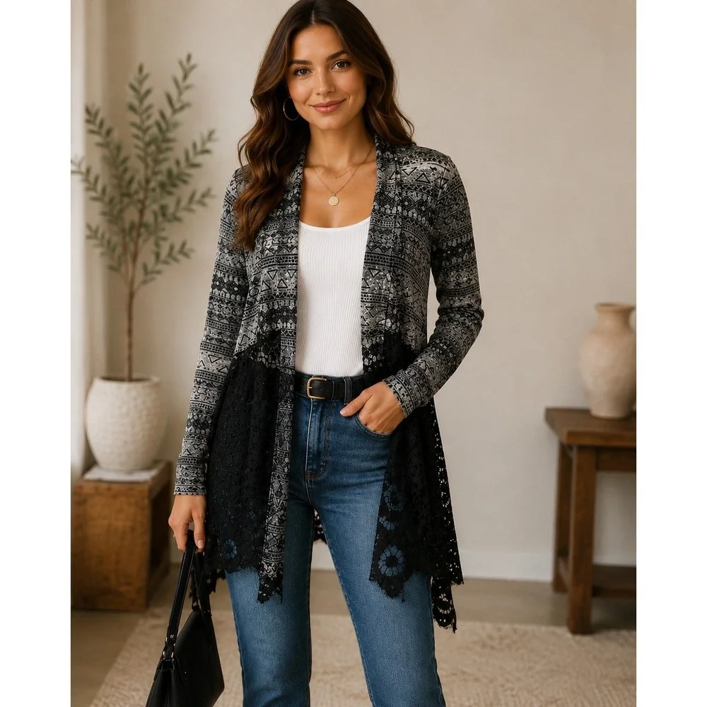 Bua Bua Bohemian Tribal Print Lace Trim Open Front Women's Cardigan Size Medium